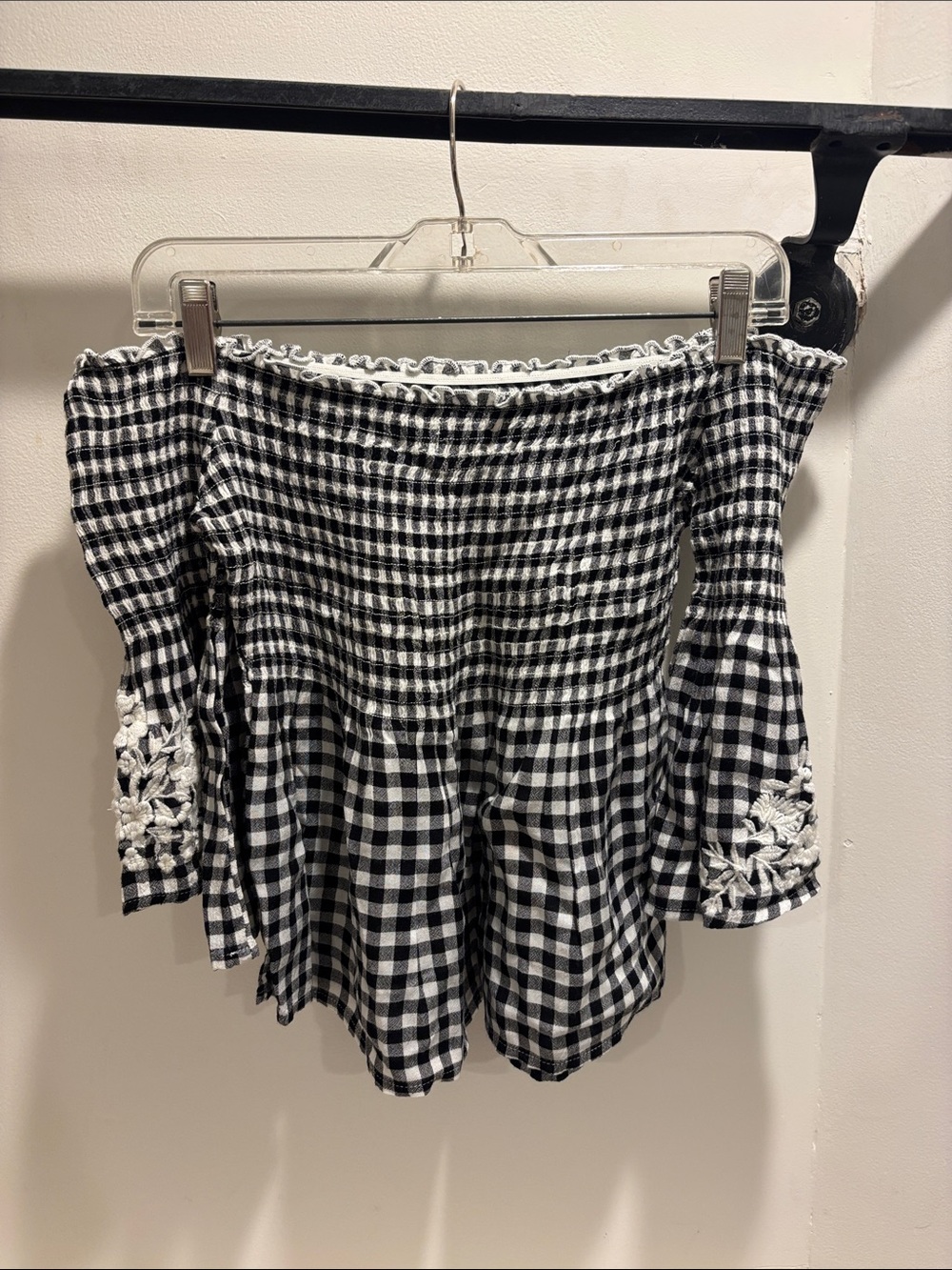 Hollister Black & White Gingham Smocked Off the Shoulder Blouse